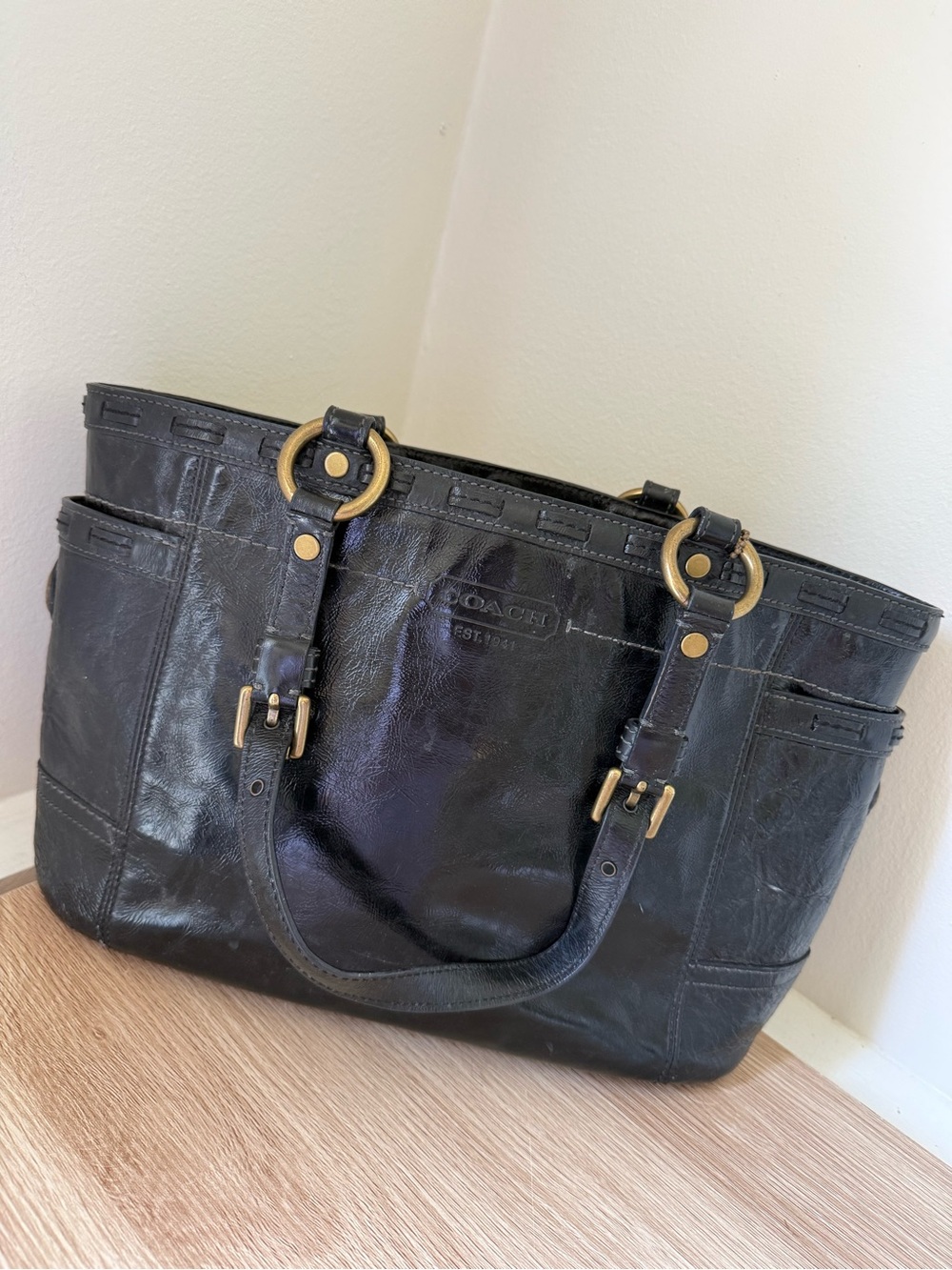 Vintage Coach Black Leather Tote Bag with Brass Hardware